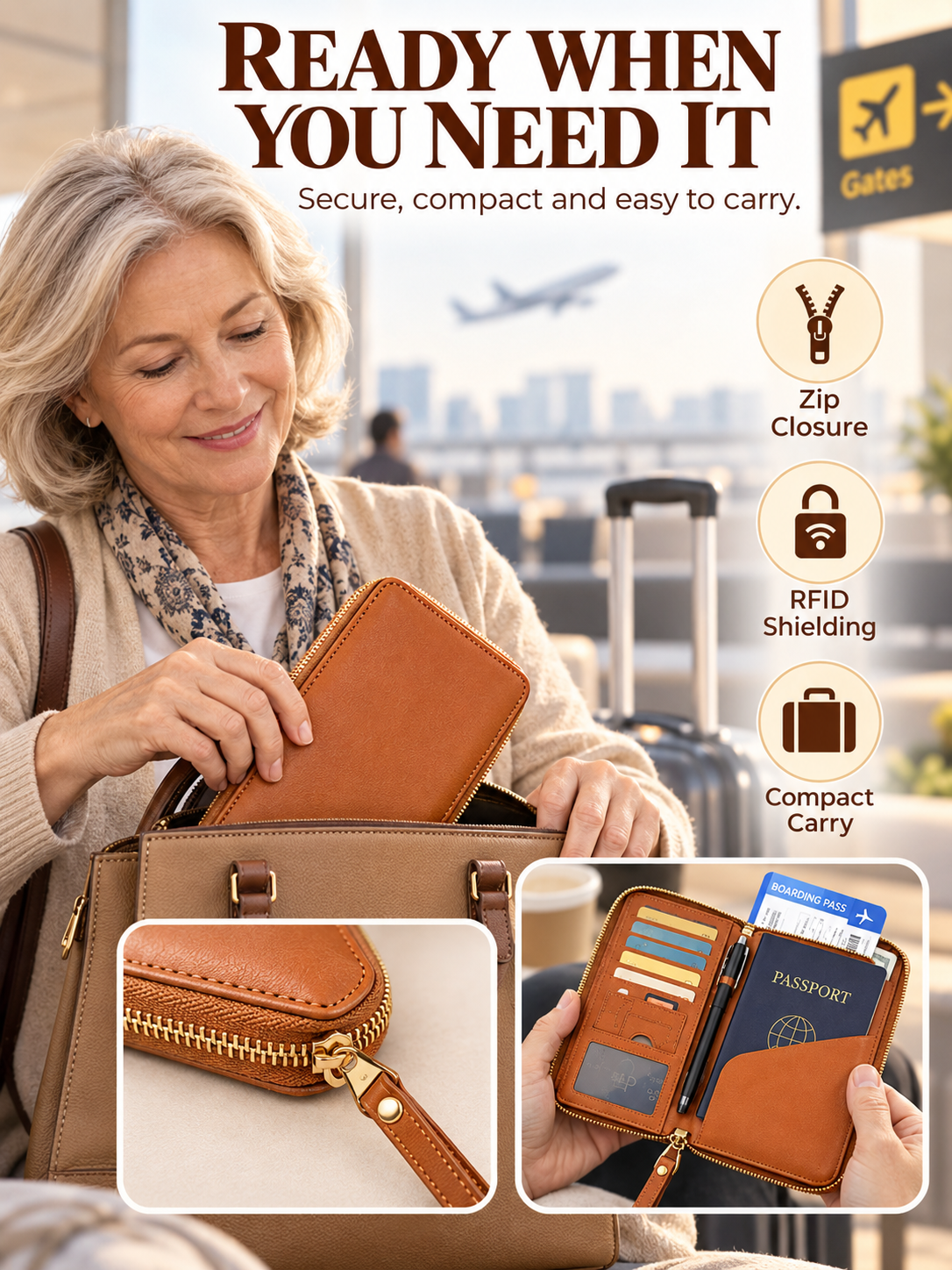 Traveler taking brown zippered passport organizer out of handbag in airport lounge