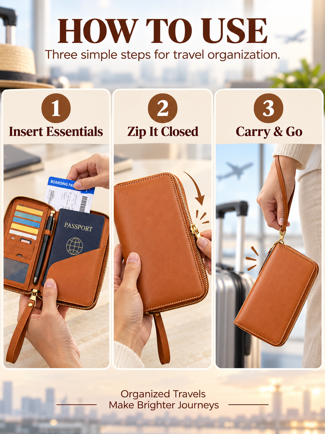 Three stages of using passport wallet fill zip and carry