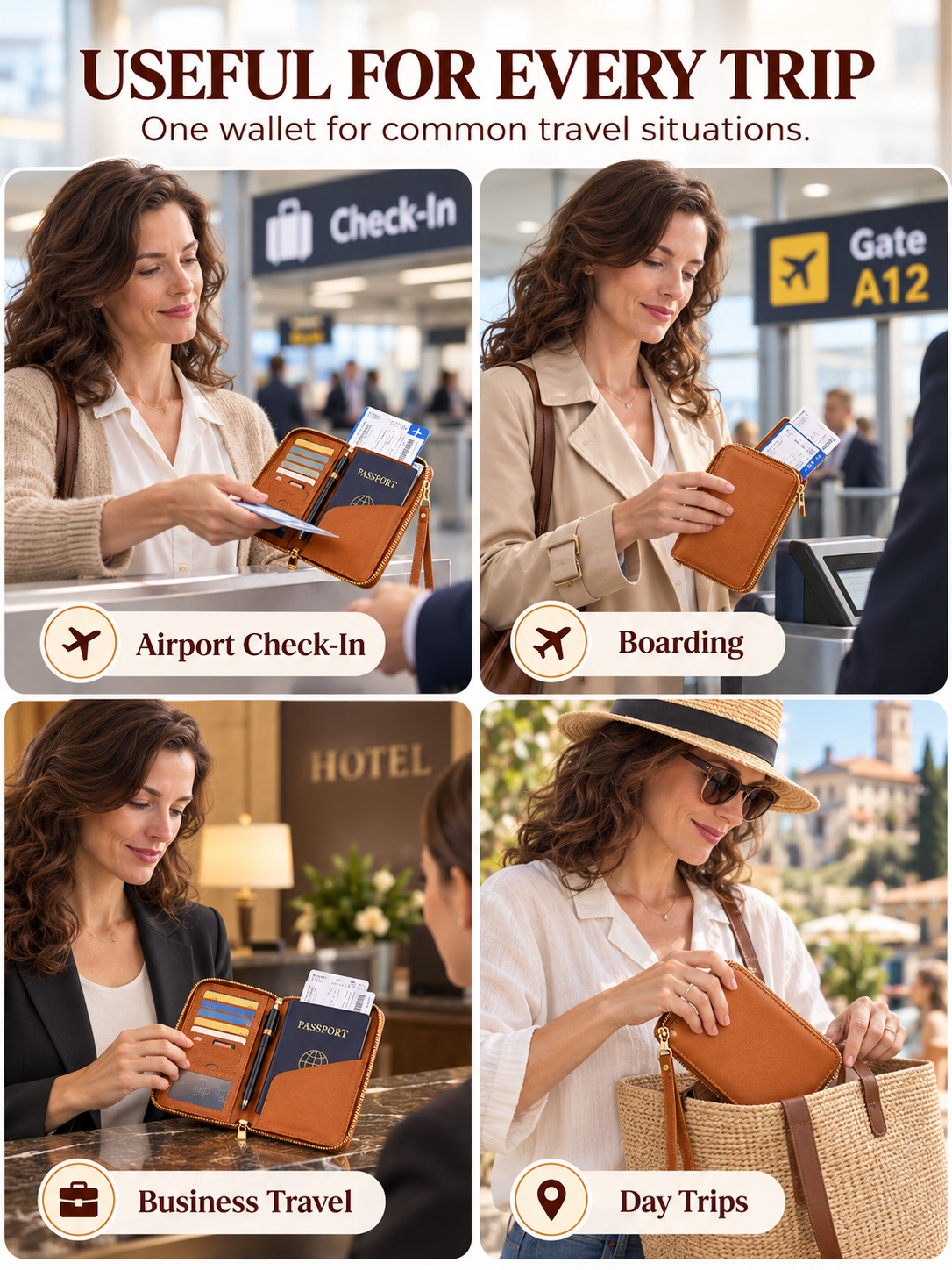 Four travel scenarios including airport check-in boarding hotel and day trips