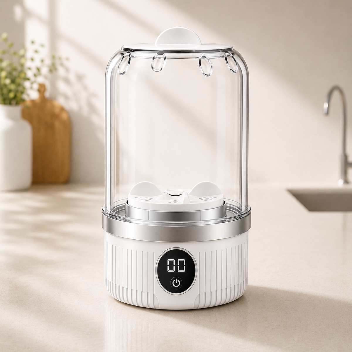 Original Bvuyomi LuneaClean white mini washer with transparent cover and front digital display