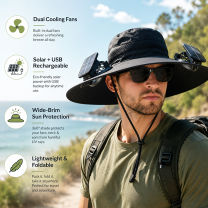 Solar Cooling Hat Dual Fan Rechargeable — Breathable Sun Hat with Fan for Outdoor Hiking Golf Camping Men Women
