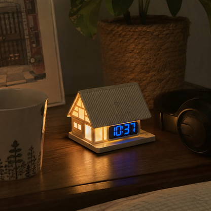 🏡✨ Cozy Cabin 4-in-1 Bedside Station – Alarm Clock, Night Light, White Noise & Wireless Charger