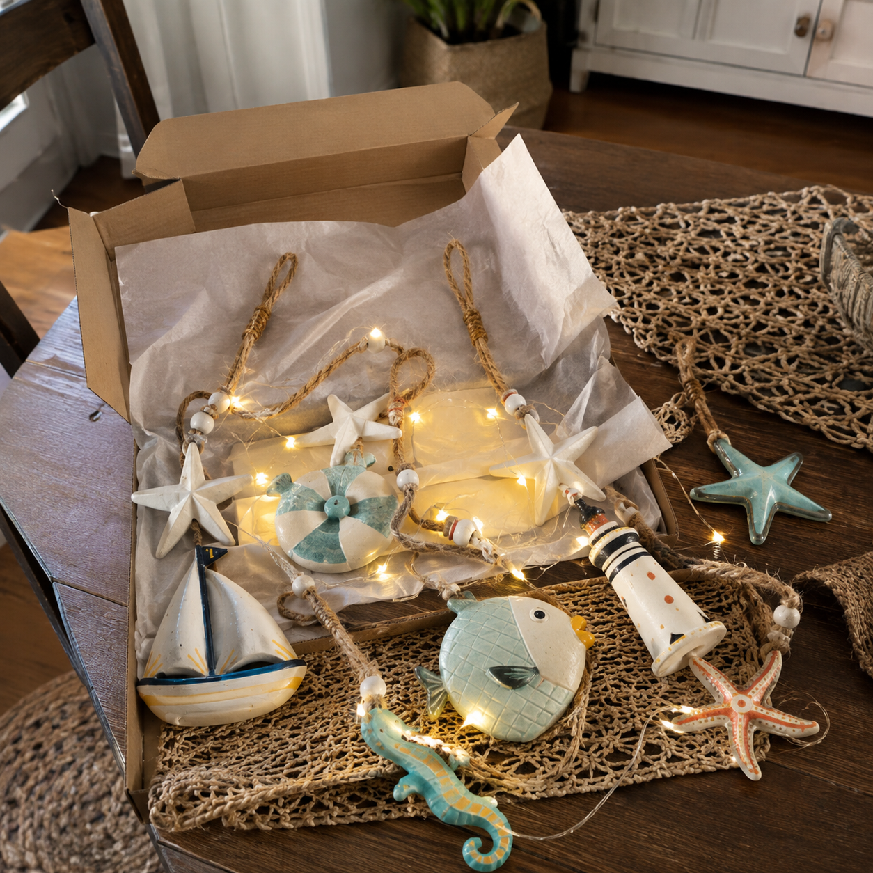 🌊 Seaside Glow Wall Hangings – 7-Piece Coastal Nautical Decor Set