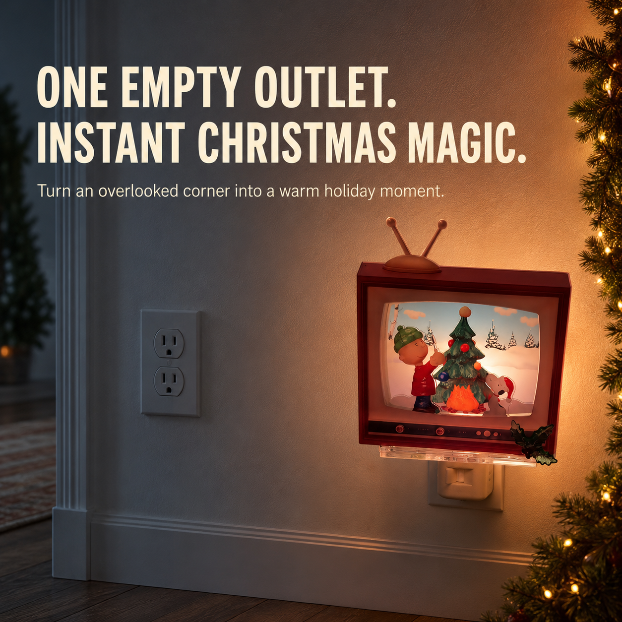 Christmas plug-in night light illuminating a quiet wall corner