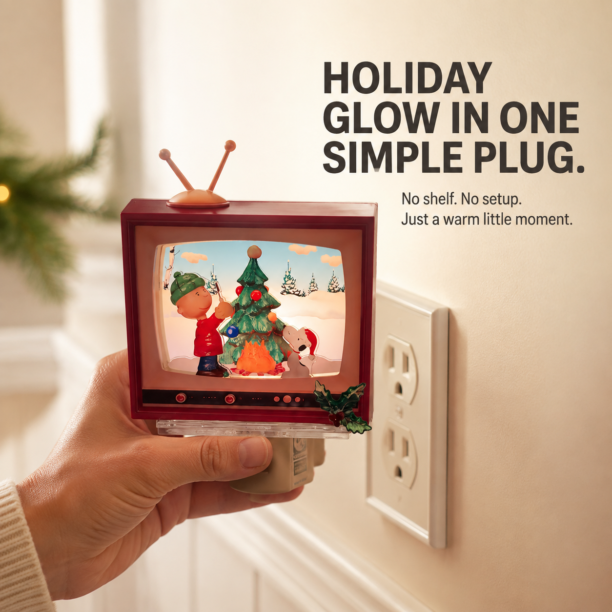Retro TV Christmas night light being plugged into an indoor wall outlet