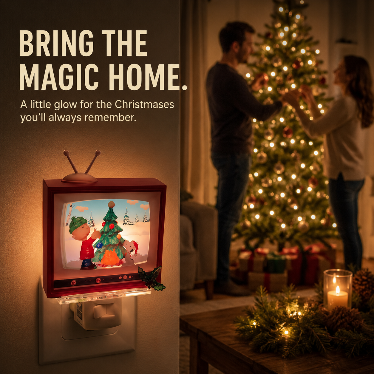 Retro Christmas TV night light glowing near a decorated tree