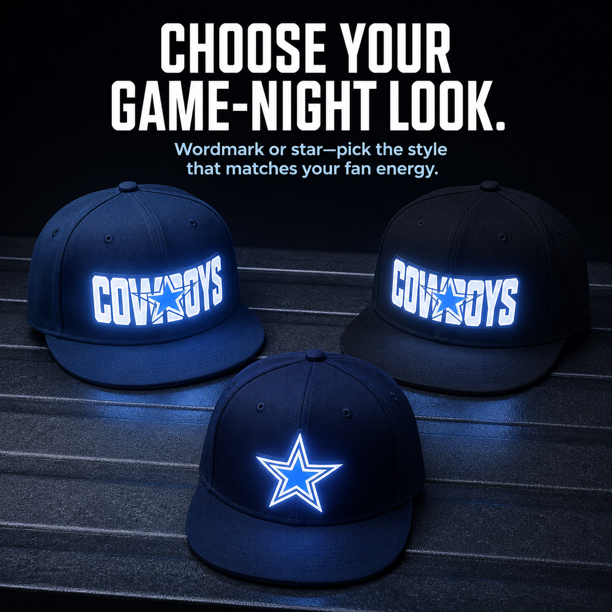 Light-Up Game Day Fan Cap – Glow Logo Flat-Brim Hat