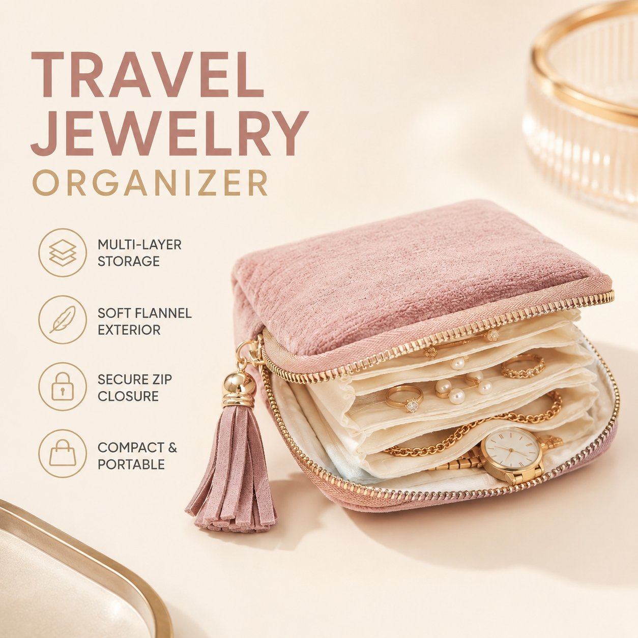 💎Luxe Velvet Travel Jewelry Organizer – 5-Compartment Tangle-Free Storage Bag with Secure Tassel Zipper ✨