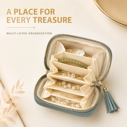 💎Luxe Velvet Travel Jewelry Organizer – 5-Compartment Tangle-Free Storage Bag with Secure Tassel Zipper ✨