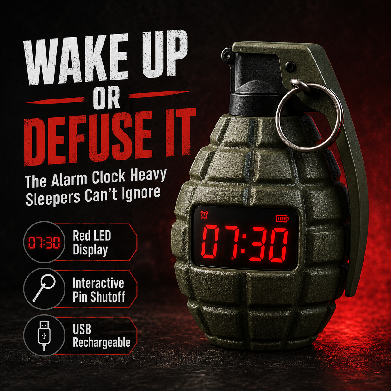 💣 Tactical Grenade Alarm Clock | Loud Interactive Alarm for Heavy Sleepers