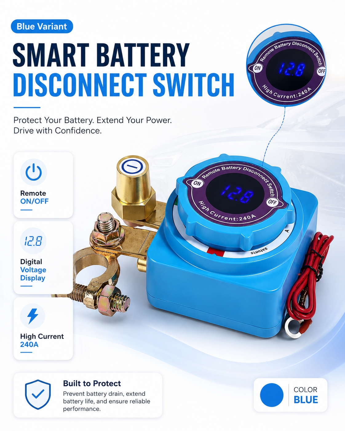 Smart Remote Battery Disconnect Switch with Voltage Display & Dual Key Fobs