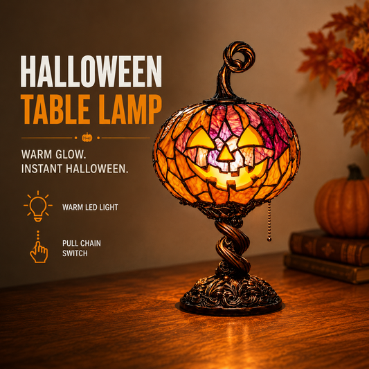 Halloween Pumpkin Glow Lamp – Vintage Stained-Glass-Style Table Light
