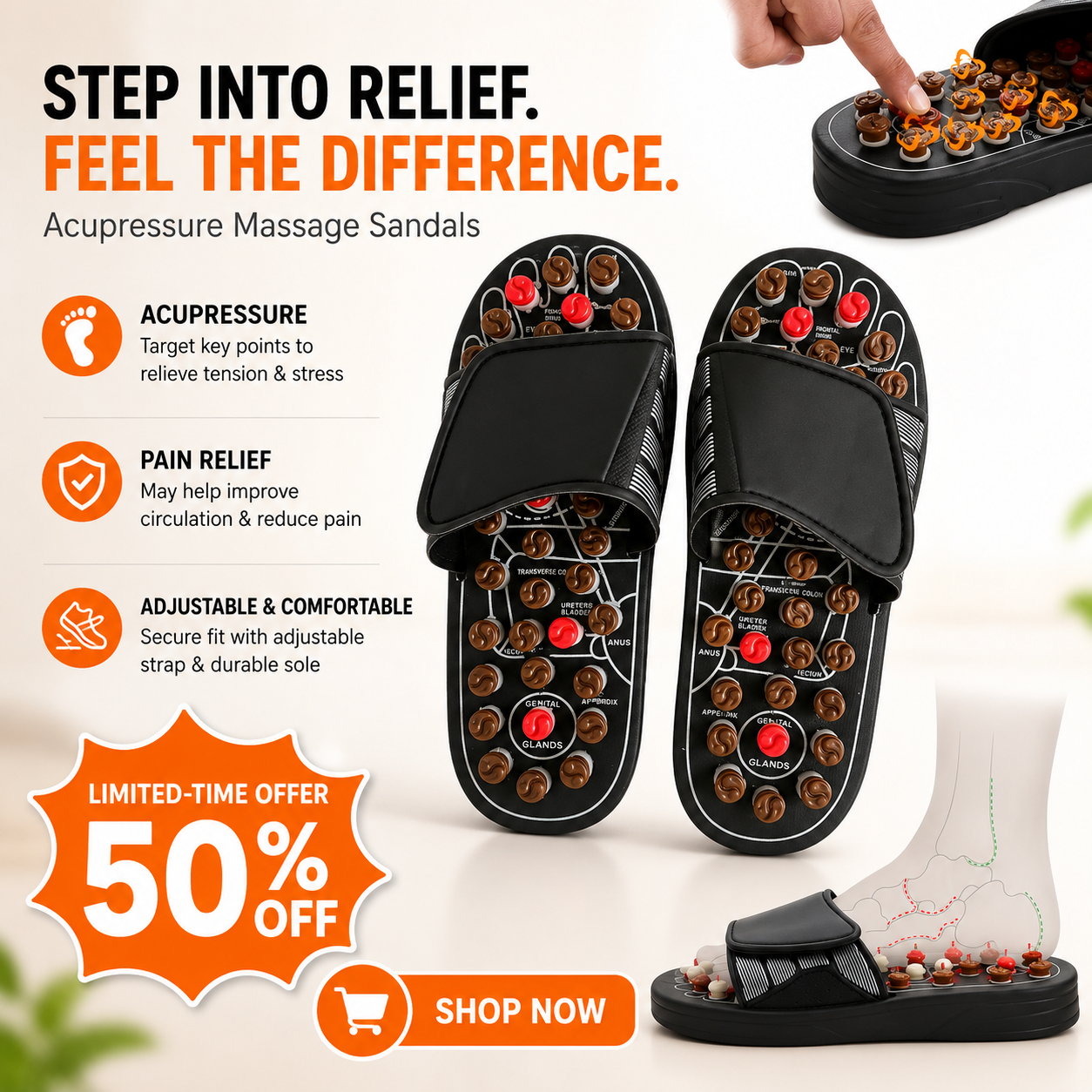 🔥Acupressure Foot Massage Sandals – Adjustable Reflexology Slippers