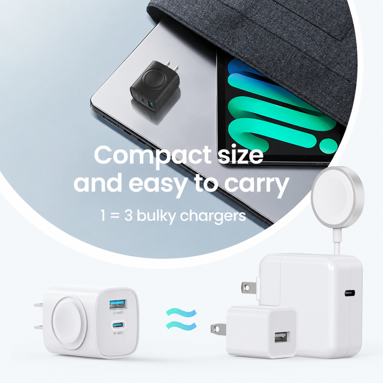 Compact 3-in-1 charger compared with multiple bulky chargers