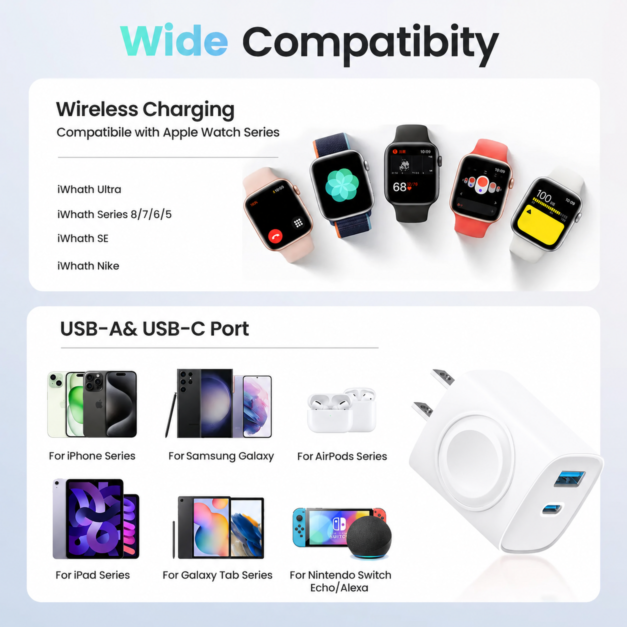 Wide device compatibility for Apple Watch phones AirPods tablets and USB devices