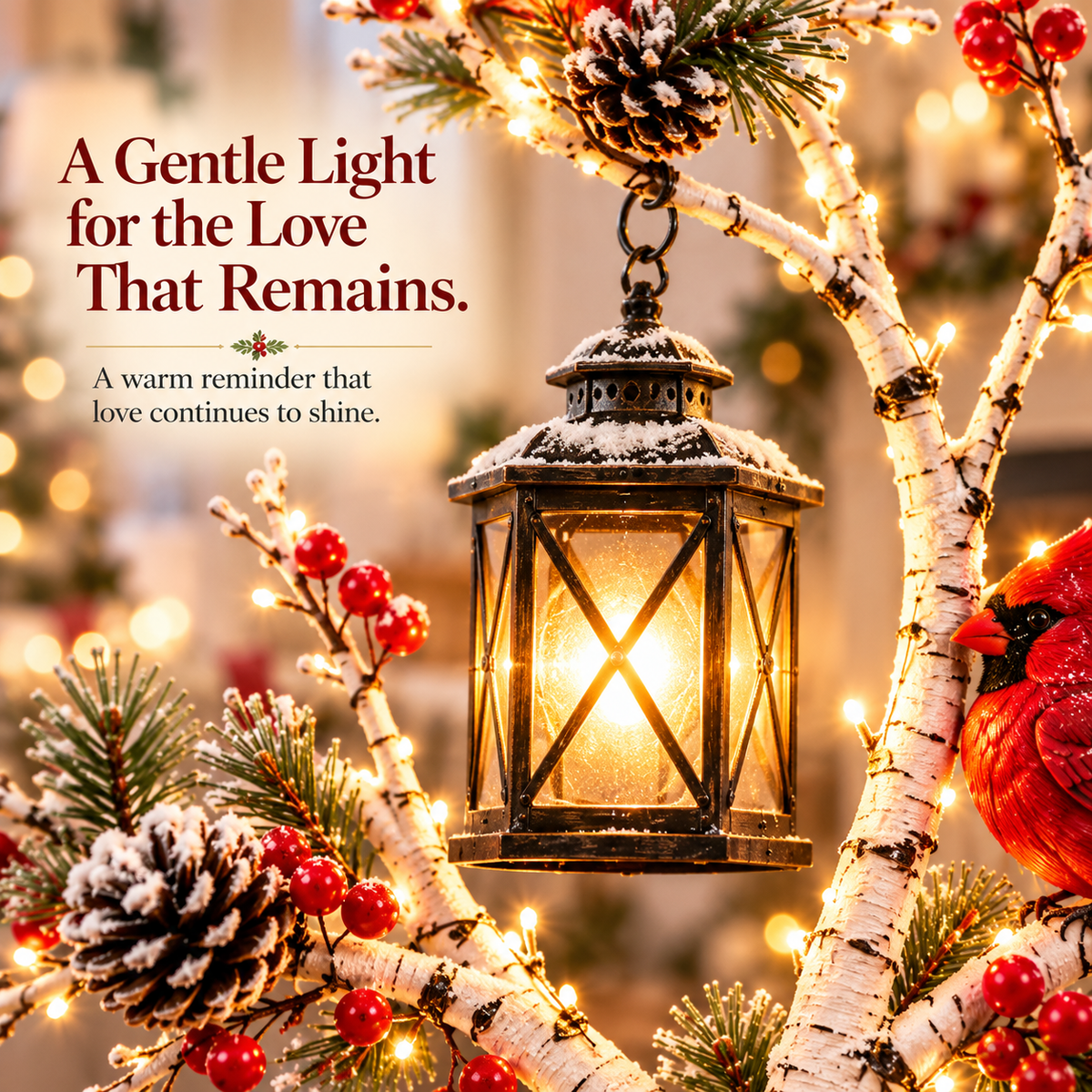 Close-up vintage-style glowing lantern hanging from snowy cardinal birch tree