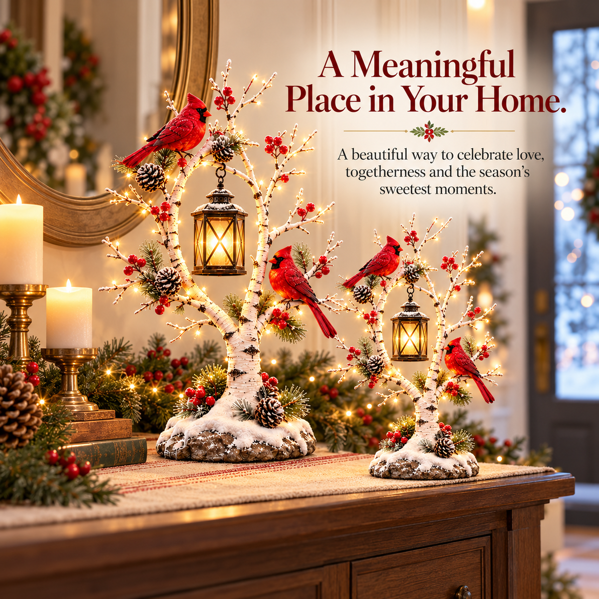 Large and small cardinal lantern trees displayed on entryway console