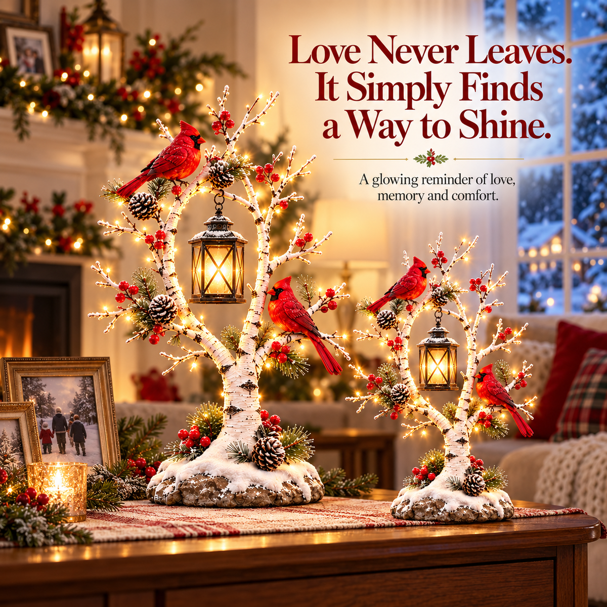 Large and small glowing cardinal winter lantern trees in cozy Christmas home