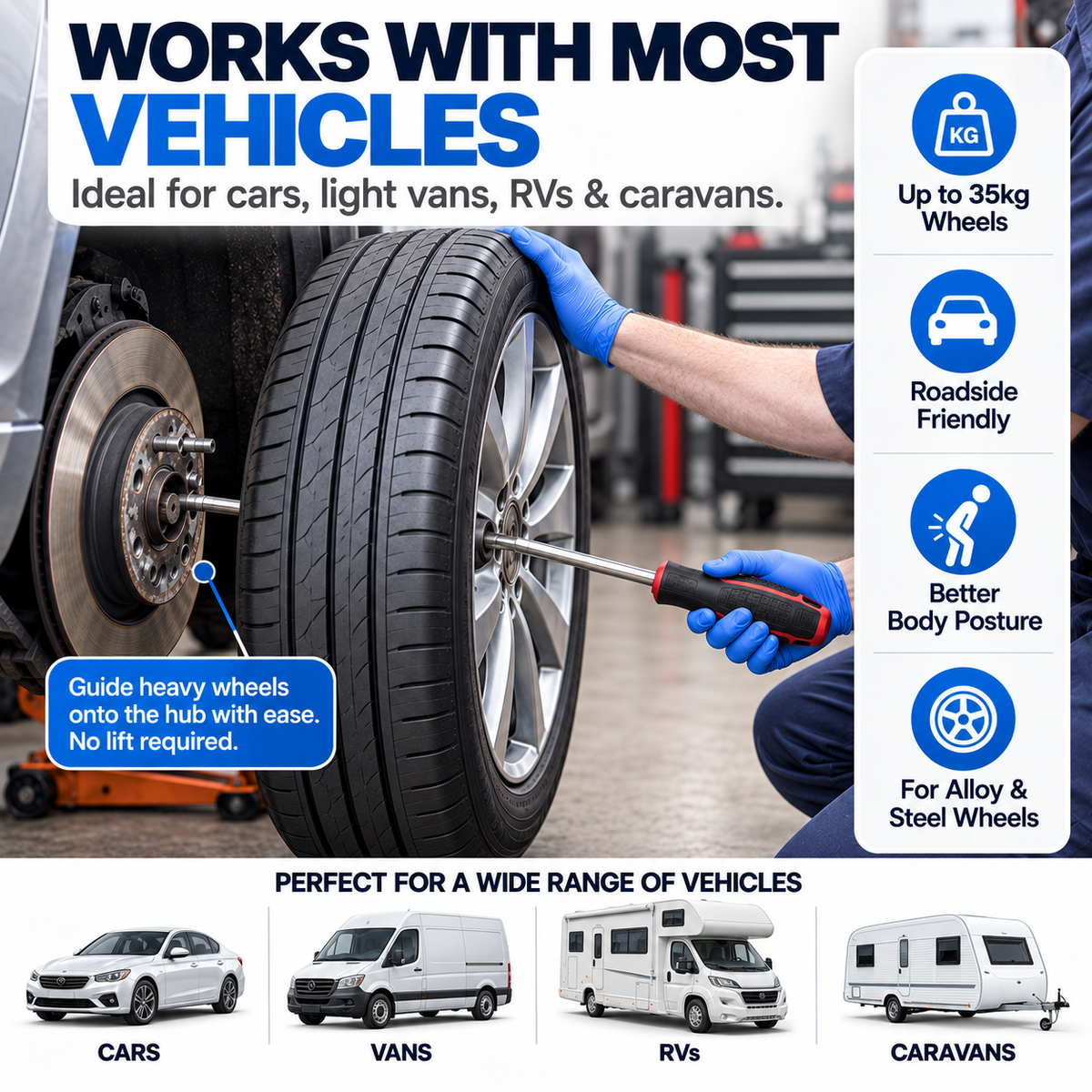 Wheel fitting assistant for cars vans RVs and caravans