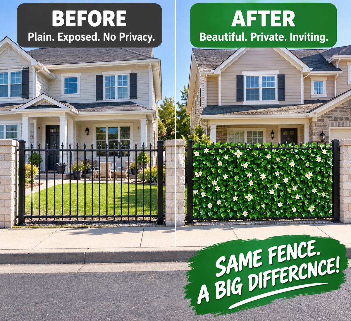 📍🍃Extendable Simulation Rattan Fence with White Flowers Decorating Green Leaves