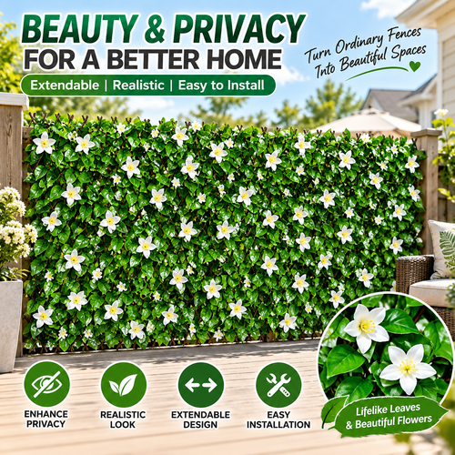 📍🍃Extendable Simulation Rattan Fence with White Flowers Decorating Green Leaves