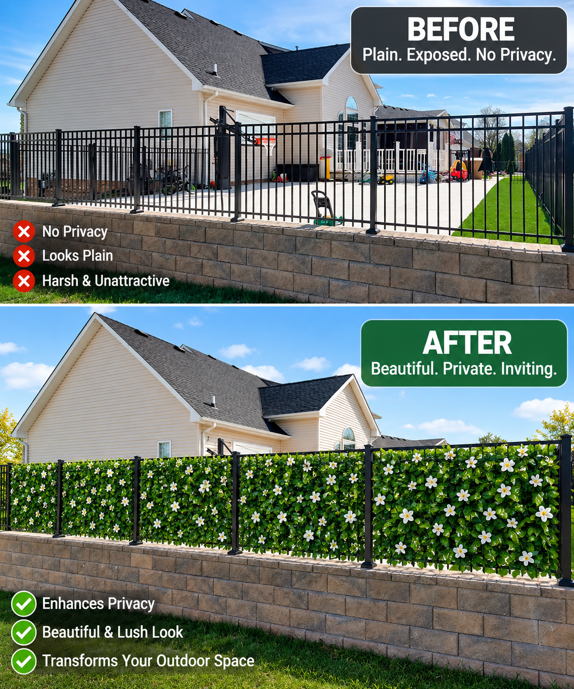 📍🍃Extendable Simulation Rattan Fence with White Flowers Decorating Green Leaves