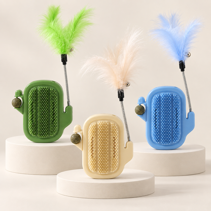 🐱 3-in-1 Cat Corner Groomer – Self-Grooming Brush + Catnip & Feather Play