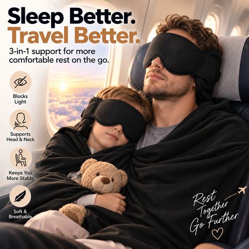 ✈️ 💯 3-in-1 Travel Sleep Support – Blackout Eye Mask & Head Support