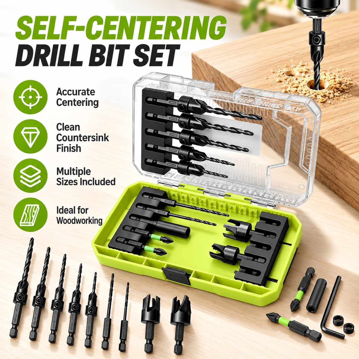 🧰🔩15-Piece Countersink Drill Bit Set – 1/4' Hex Shank, Depth Stop & Quick-Change Design