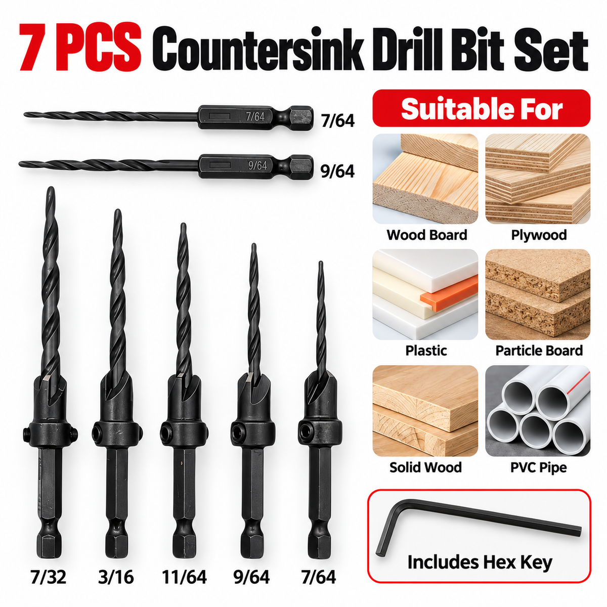 🧰🔩15-Piece Countersink Drill Bit Set – 1/4' Hex Shank, Depth Stop & Quick-Change Design