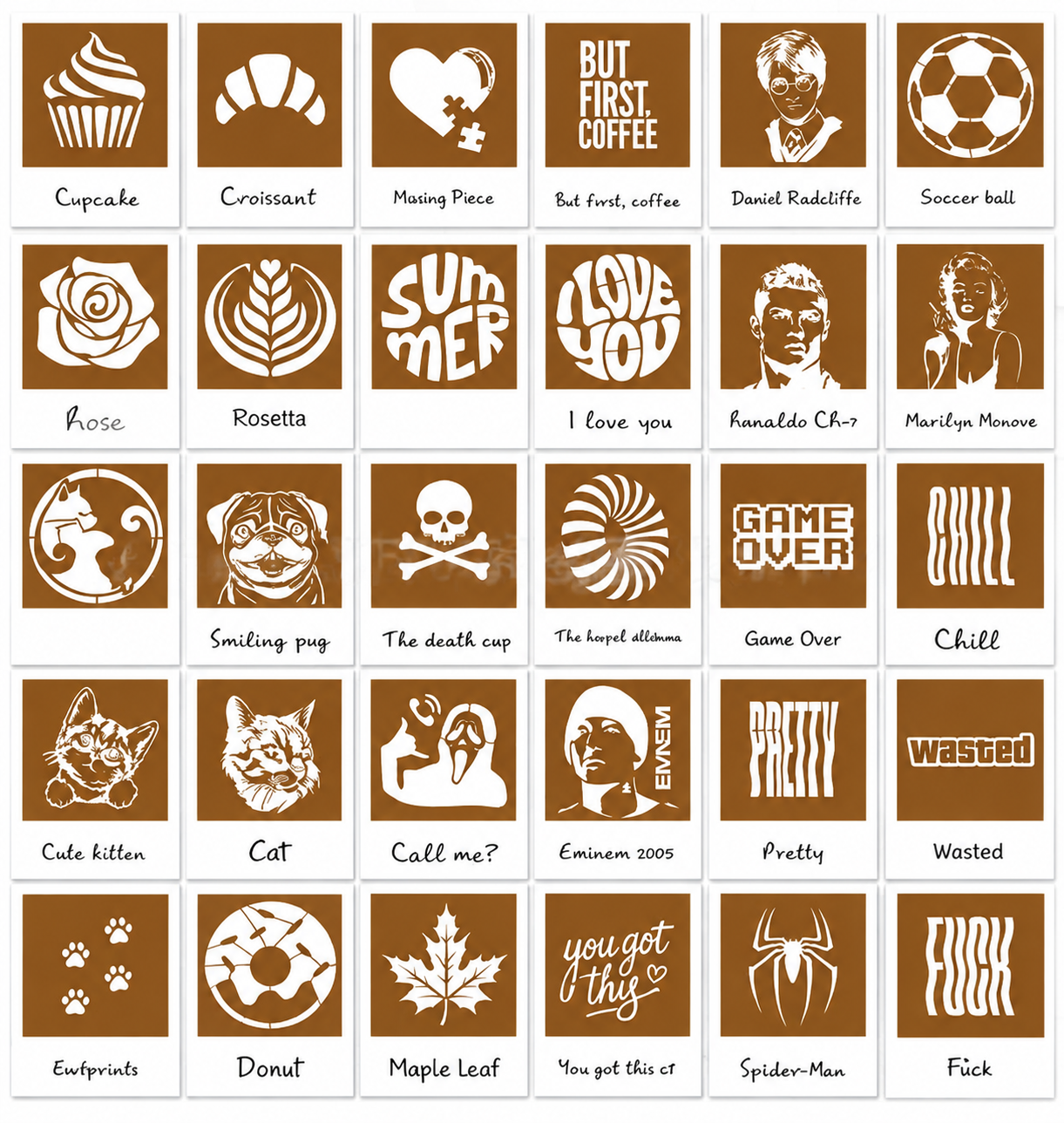 A sample gallery of 30 different reusable drink-decorating stencil card patterns and motifs