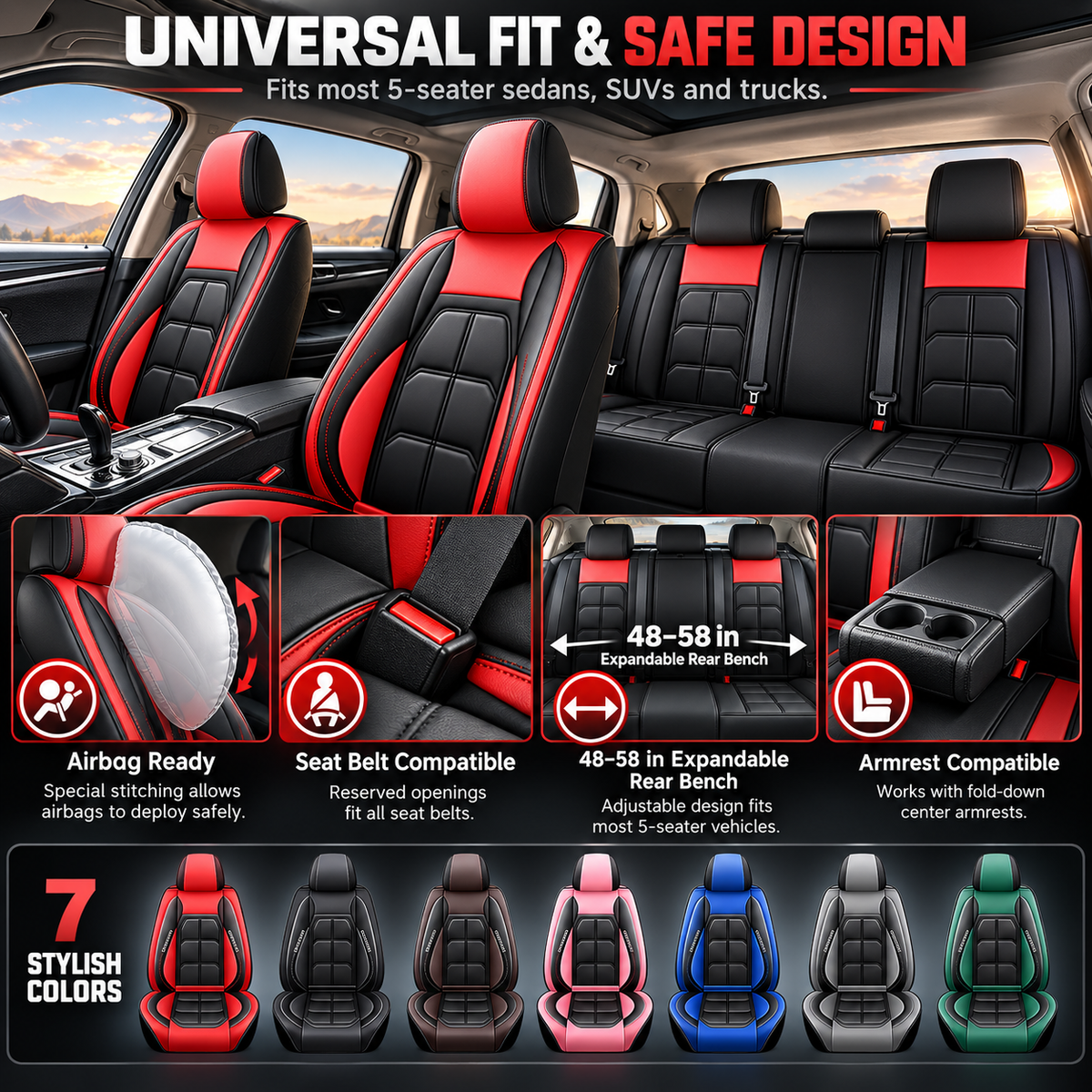 🚗 5-Seater Universal Leather Car Seat Cover Set