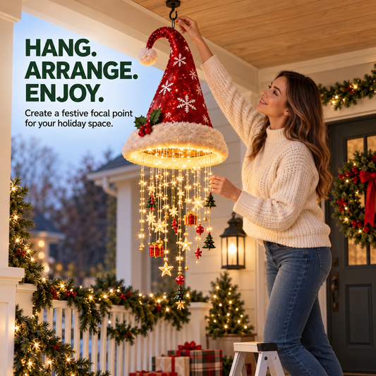 🎄🎅 Lighted Christmas Hanging Chandelier – Tree & Santa Hat Holiday Décor