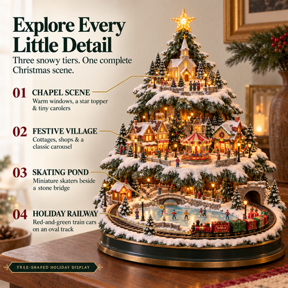 🎄 Lighted Christmas Village Tree – 3-Tier Holiday Village with Train, Carousel & Warm Glow