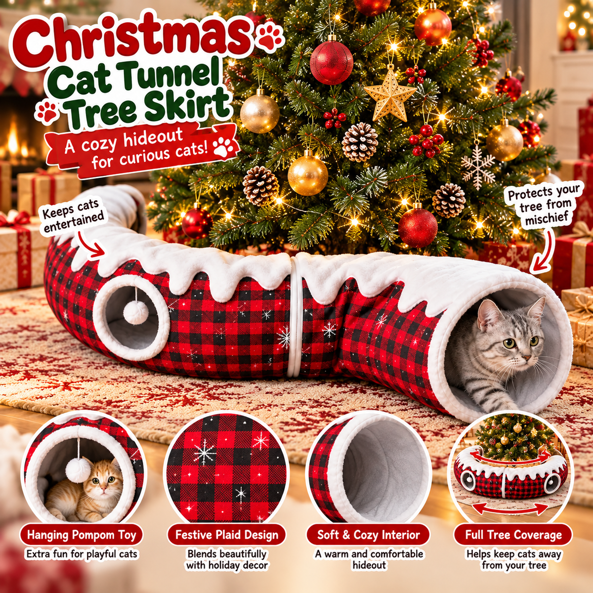 🎄🐾 Christmas Cat Tunnel & Tree Skirt – 3-in-1 Cozy Plaid Hideaway with Hanging Pom-Pom Toy ❄️