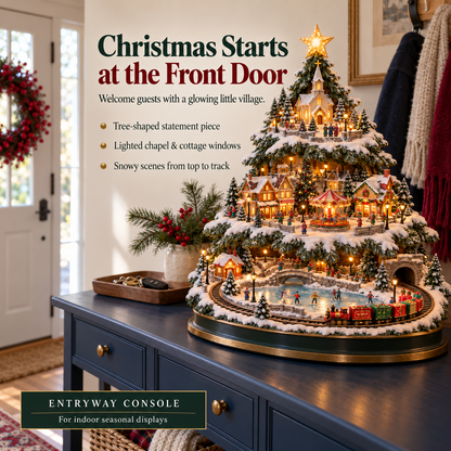 🎄 Lighted Christmas Village Tree – 3-Tier Holiday Village with Train, Carousel & Warm Glow