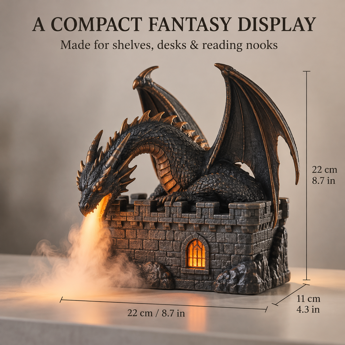 🐉🔥 MistWyrm™ Dragon Flame Mist Diffuser – Gothic Castle Decor, Glowing Ember Mist & Fantasy Bookshelf Display