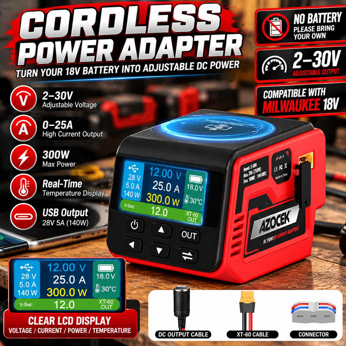Adjustable DC Power Hub for Milwaukee M18 Batteries | XT60, USB-C & Wireless Charging