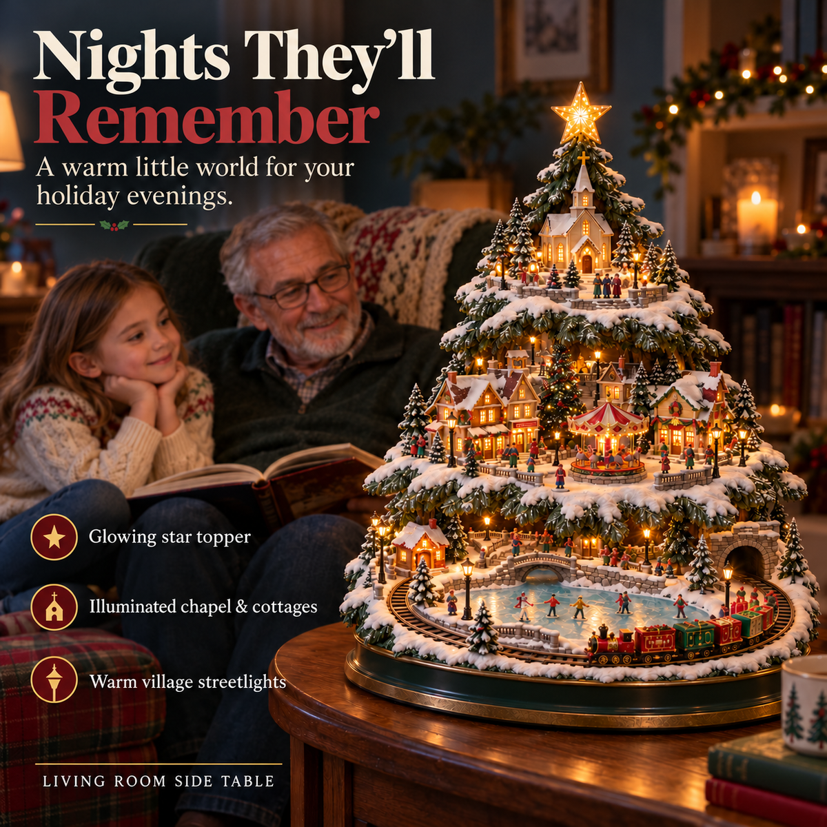 🎄 Lighted Christmas Village Tree – 3-Tier Holiday Village with Train, Carousel & Warm Glow