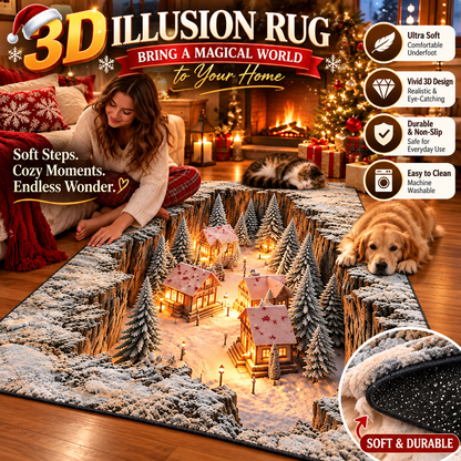 🎄 Optical Illusion Christmas Village Rug – Hidden Winter Scene Floor Decor