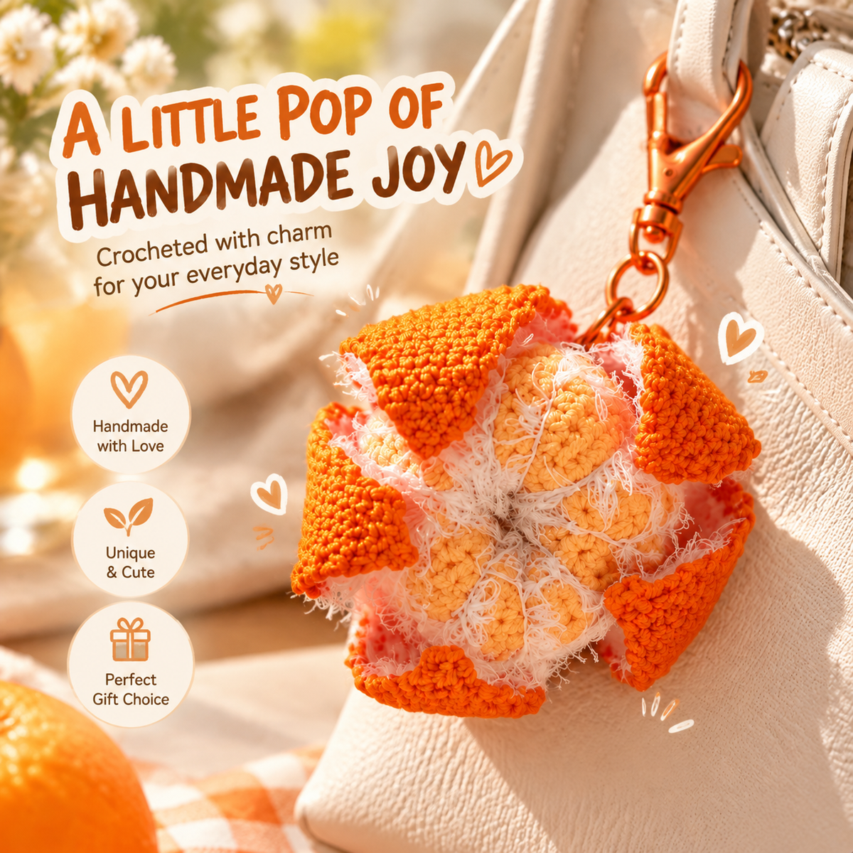 🍊 Crochet Orange Bag Charm – Cute Citrus Accessory for Bags, Backpacks & Keys ✨🎁