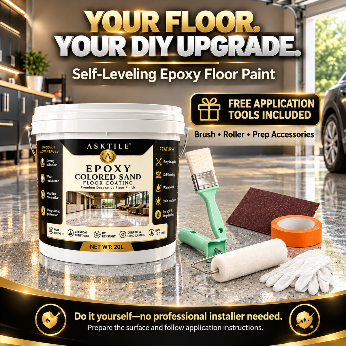 ✨ High-Gloss Marble-LookEpoxy Self-Leveling Floor Coating– Transform Garages, Basements, Courtyard & Workshops