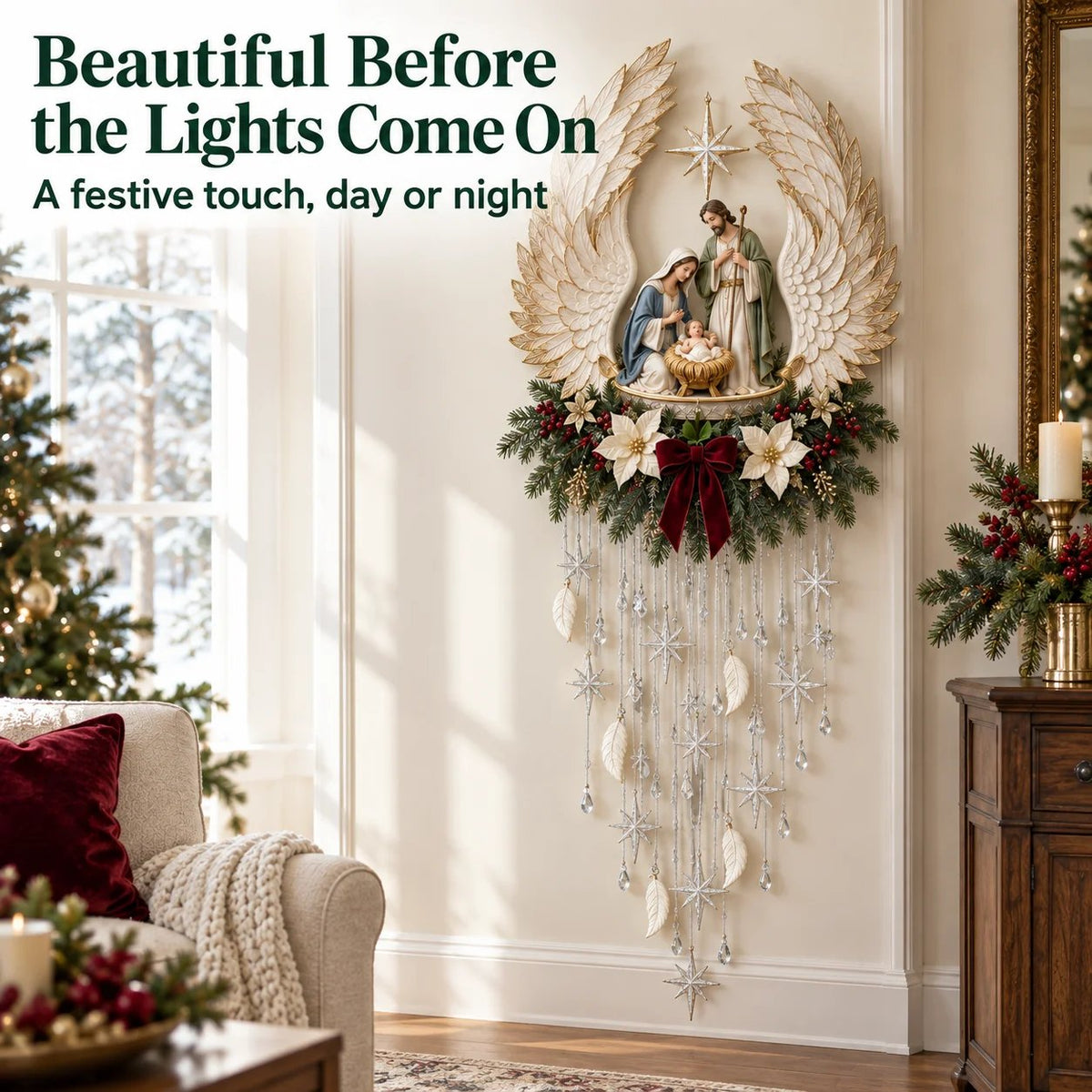 ✨ Angel’s Embrace Nativity Wall Light – Angel Wing Christmas Décor
