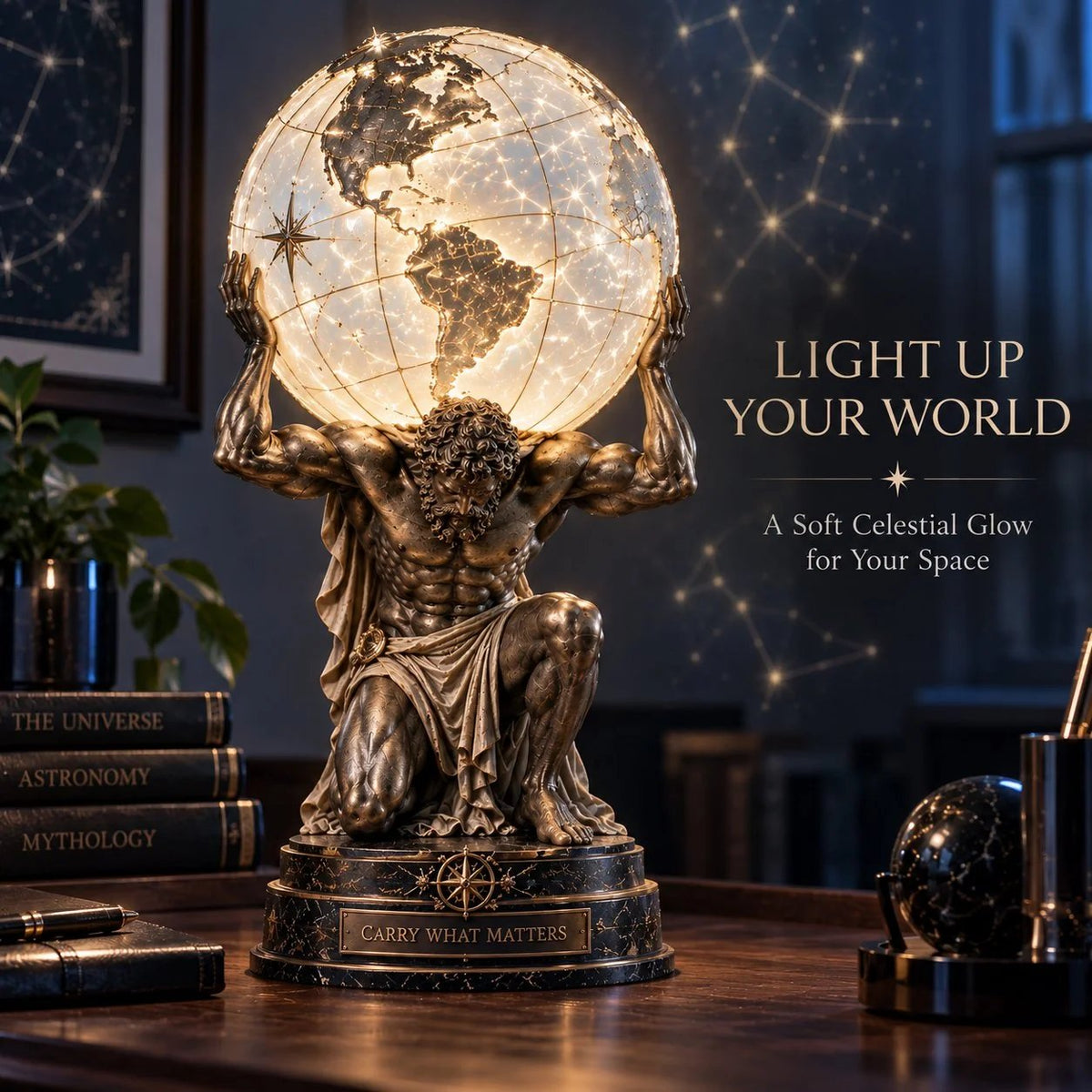 🌍 Atlas Illuminated World Sphere Lamp – Symbolic Sculptural Desk Light