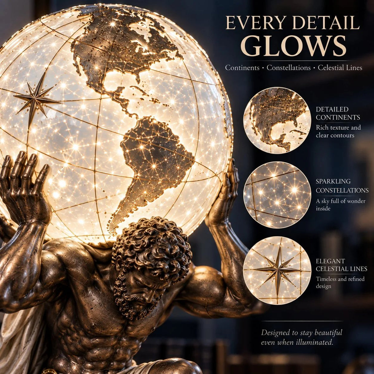 🌍 Atlas Illuminated World Sphere Lamp – Symbolic Sculptural Desk Light