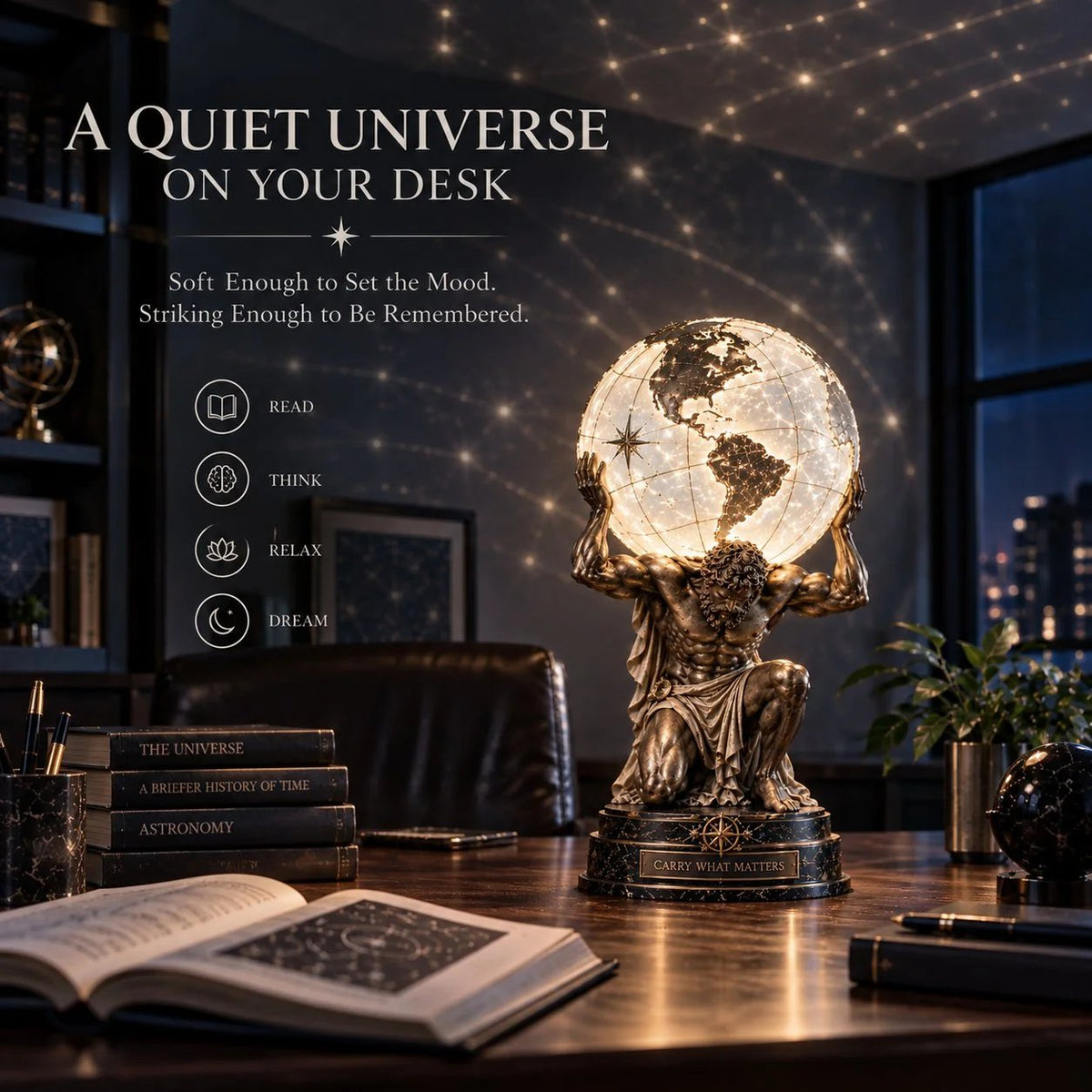 🌍 Atlas Illuminated World Sphere Lamp – Symbolic Sculptural Desk Light