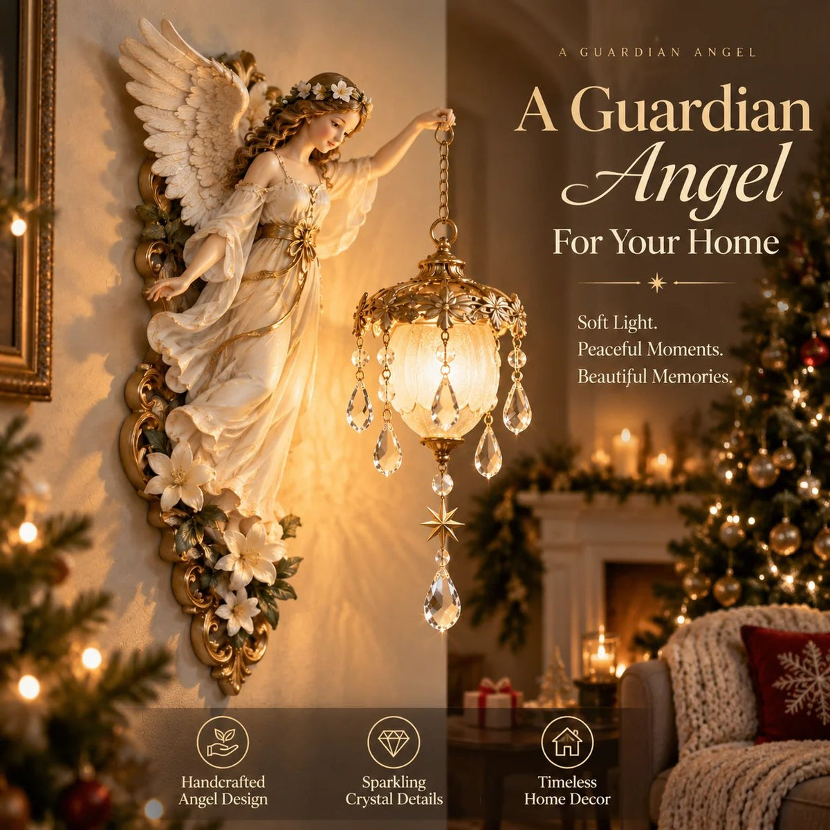 ✨ Guardian Angel Crystal Light – Warm Golden Decorative Angel Lamp