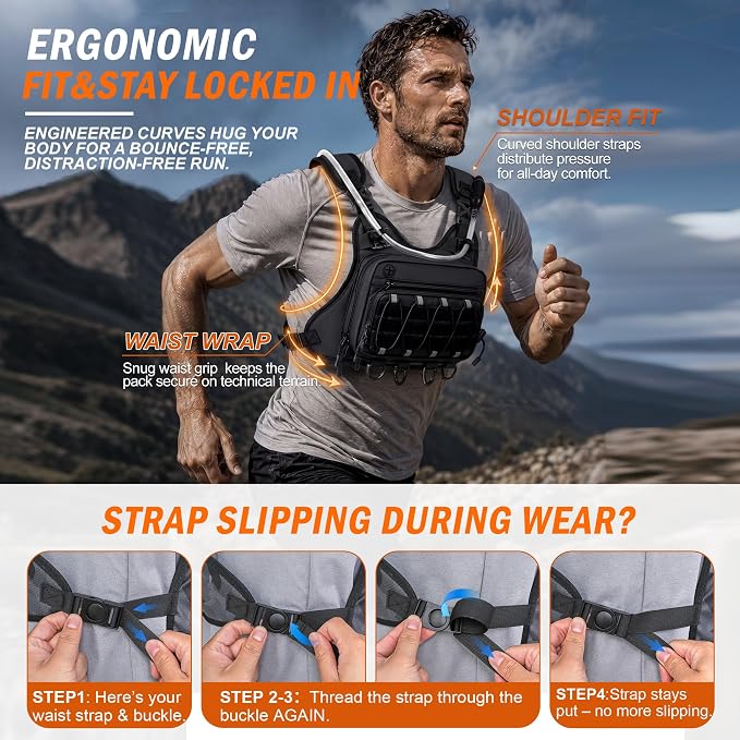 🔥Men’s 2L Tactical Hydration Running Vest – Lightweight Adjustable Chest Pack💧