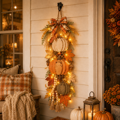 🏡🎃 Rustic Lighted Stacked Pumpkin Door Hanging – Warm Farmhouse Fall Decor