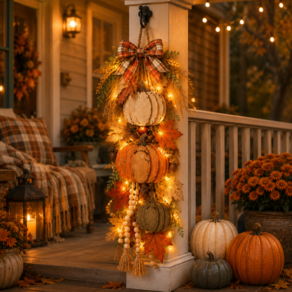 🏡🎃 Rustic Lighted Stacked Pumpkin Door Hanging – Warm Farmhouse Fall Decor